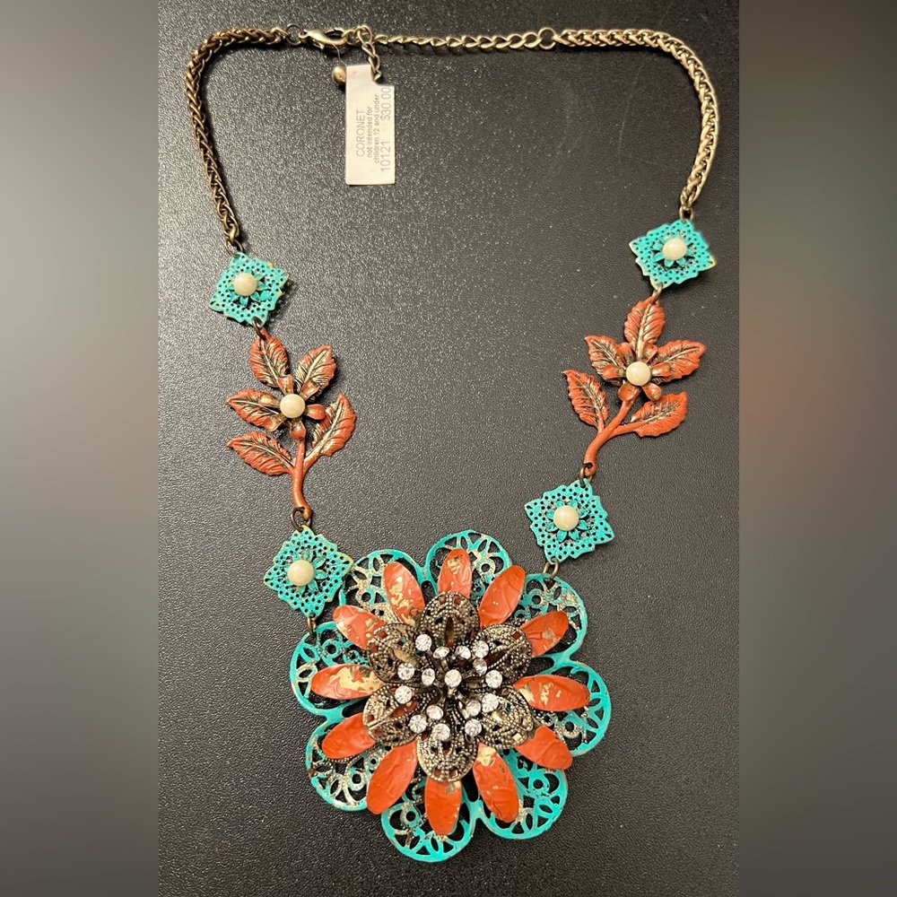 Vintage-Inspired Turquoise & Coral Floral Statement Necklace